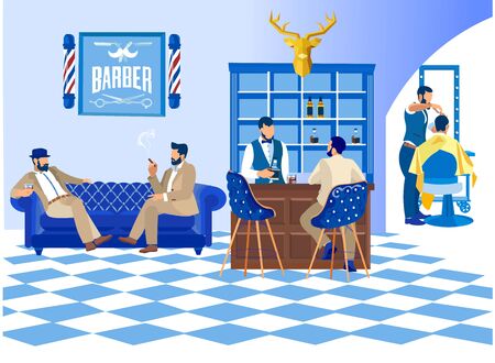 Barber Doing Client Haircut in Men Beauty Salon Barbershop. Customers Waiting on Couch Drinking Alcohol and Smoking Cigars, Interior Decoration with Chairs, Bar Desk, Cartoon Flat Vector Illustrationのイラスト素材