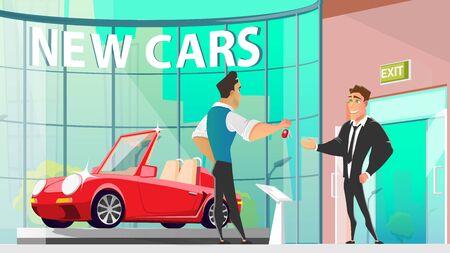 Buying New Luxury Car in Auto Salon Cartoon Vector with Dealer Center Manager Giving Keys from Modern Cabriolet Sport Car to Happy Owner Illustration. Businessman Reaching Success in Business Conceptのイラスト素材