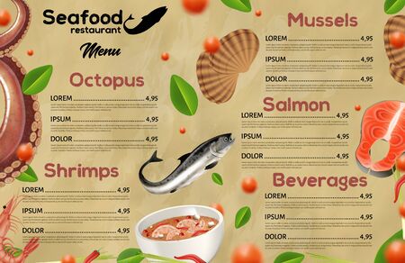 Seafood Restaurant Menu, Octopus, Mussels, Salmon, Shrimps, Beverages Price List, Delicacy Marine Tasty and Fresh Food Store Banner, Mediterranean Cuisine Flyer Design Realistic 3d Vector Illustrationのイラスト素材