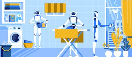 Home Robots Help in Everyday Life Cartoon Flat. Interior Bathroom in Apartment. Robots Wash and Iron Clothes, Water and Care for Plants in House. Artificial Intelligence Helps to Keep House.のイラスト素材