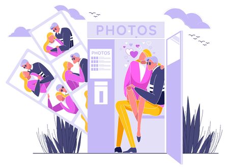 Couple in Love Sitting in Photo Booth Cabin and Taking Photos Flat Cartoon Vector Illustration. Man and Woman Having Romantic Shots, Different Portraits. Boyfriend and Girlfriend on Date.のイラスト素材