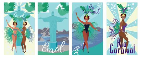 Set Poster Invitation Brazil Rio Carnival Flat. Historical Sights Brazil. Women Dance against Backdrop Huge Statue. Annual National Carnival Event. Woman in Bathing Suit and Feathers Posing.のイラスト素材