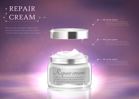 Repair Cream Horizontal Banner with Copy Space. Luxury Cosmetic Jar Package with Brand Label, Skin Care Beauty Product on Purple Bokeh Background. Commercial Element. 3D Realistic Vector Illustration.のイラスト素材