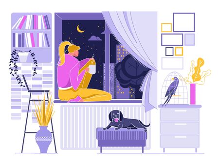 Girl Drinking Hot Tea or Coffee near Window, Night Sky with Moon and Stars Outside Flat Cartoon Vector Illustration. Woman Thinking. Room Interior with Dog on Chair, Bird in Cage. Book Shelf.のイラスト素材