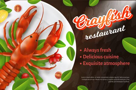 Seafood Restaurant Advertising Banner, Menu. Crayfish Laying on Plate with Green Leaves and Tomatoes Close Up Top View. Delicious Cuisine, Exquisite Atmosphere Cafe.のイラスト素材