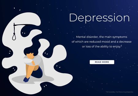 Depressed and Anxious Young Woman Suffering of Depression and Anxiety Problem Feeling Frustrated Sitting with Rope Loop above Head Sad and Desperate Cartoon Flat Vector Illustration, Horizontal Bannerのイラスト素材