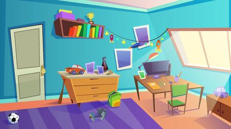 Children Bedroom Interior with Window, Furniture, Cars and Rockets Toys for Boy. Shelves with Books, Sports and School Equipment, Personal Computer on Desk. Day Time. Cartoon Flat Vector Illustrationのイラスト素材