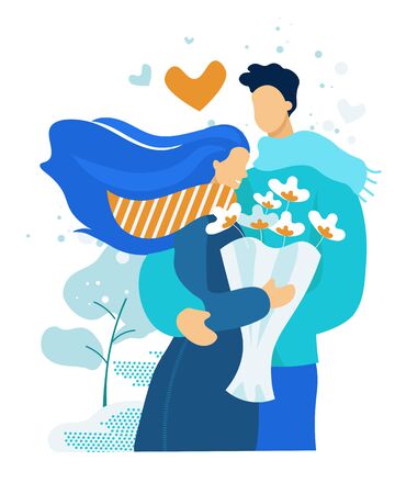 Young Couple Having Dating. Cute Embarrassed Girl in Blue Dress Holding Bouquet of Beautiful Flowers in Hands, Man Embracing Girlfriend. Love, Human Relations, Family. Cartoon Flat Vector Illustrationのイラスト素材