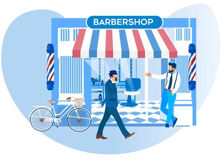 Barker Stand in front of New Barbershop Window Inviting Pedestrians Come in for Beauty Procedures and Services. Grooming Place, Victorian Decoration and Men Fashion, Cartoon Flat Vector Illustrationのイラスト素材