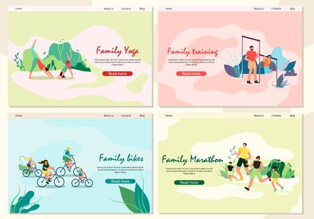 Banner Set Family Yoga, Training, Marathon, Biker. Father and Son are Engaged in Bar Park. Activity Parents with Children Doing Jogging in Fresh Air. Children and Parents Ride Bicycles.のイラスト素材