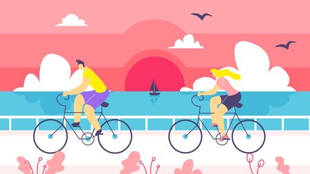 Man and Woman on Bike Ride Along Coast Cartoon. Boy and Girl Spend Their Time Riding their Bicycles against Background Sunset over Sea. In Foreground Couple Riding Bicycles. Vector Illustration.のイラスト素材