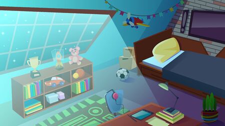 Boys Bedroom Interior at Night Time with Moon Light Falling on Floor through Window. Bed, Furniture, Shelves with Books and Toys, Ball, Desk and School Equipment. Cartoon Flat Vector Illustrationのイラスト素材