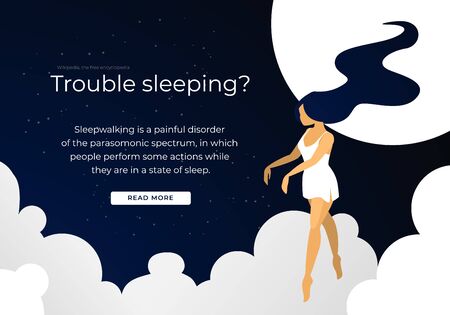 Trouble Sleeping Woman Suffering of Sleepwalking Going like Zombie with Hands Forward. Somnambulist Girl in Nightie Walk with Closed Eyes at Clouds. Cartoon Flat Vector Illustration, Horizontal Bannerのイラスト素材