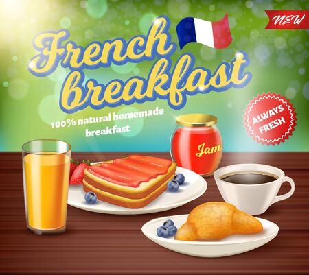 Label Inscription French Breakfast Realistic. 100 Percent Natural Homemade Breakfast. New Always Fresh.のイラスト素材