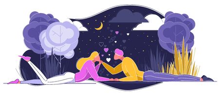 Happy Couple in Love Lying under Sky with Moonlight, Clouds and Stars Flat Cartoon Vector Illustration.のイラスト素材