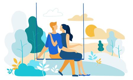 Vector Illustration Couple in Love Riding Swing. Guy with Girl Hugging and Hounding on Swing, Rear View. Romantic Relationships Young People in Nature. Man and Woman are Resting Outside City.のイラスト素材