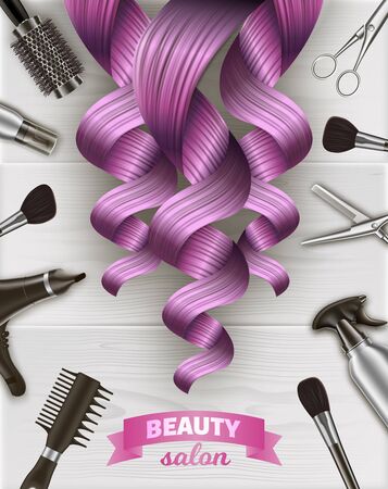 Curls Pink Hair. Beauty Salon Emblem. Hairdresser Tool Kit. Scissors and Hairdryer on Table. Logo on Beauty Salon Items. Vector Illustration. Advertising Image. Gray Background. Hairdressing Supplies.のイラスト素材
