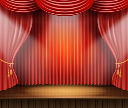 Poster Palatial Theater Scene Vector Illustration. Beautiful Banner Stage Equipment to Give Atmosphere and Create an Attractive Design. Velvet Curtain on Theatrical Platforms Realistic 3d.のイラスト素材