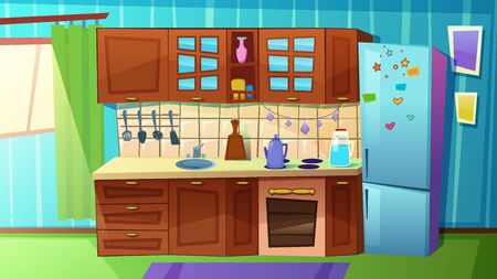 Cozy Modern Kitchen with Household Appliances, Fridge, Stove, Sink. Comfortable Clean Cooking Room with Curtains on Large Window, Tableware, Home Interior Inside. Cartoon Flat Vector Illustrationのイラスト素材