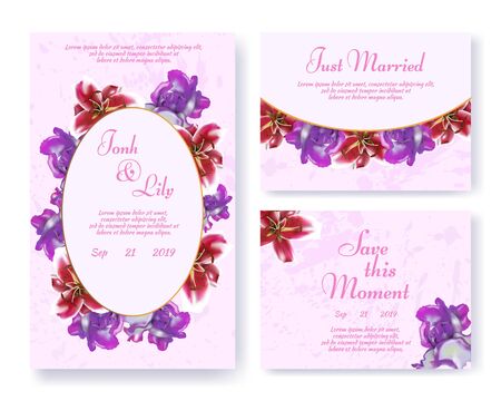 Greeting Wedding Invitation Set with Floral Garlands. Invite Card with Rose and Lily Buds Design on Pink Grungy Space. Just Married, Love this Moment, Spouses Names, Date and Text. Vector Illustrationのイラスト素材