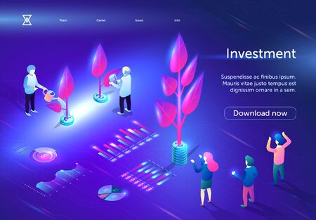 Investment Horizontal Banner. Young, Old People Caring of Plants Growing on Electronic Field with Diagrams and Analytics Charts. Digital Business Technology Marketing. 3D isometric Vector Illustrationのイラスト素材