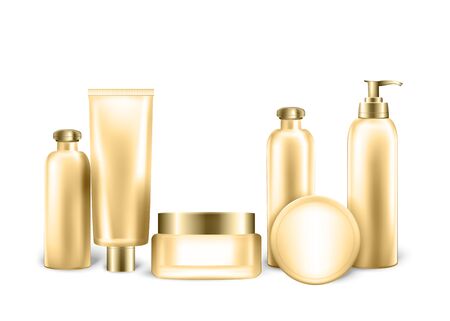 Packages Mockup Set of Empty Realistic Bottles and Tubes for Cosmetic Product in Gold Metallic Color. Collection of Plastic and Glass Containers with Pump, Dispenser. 3D Vector Realistic Illustration.のイラスト素材