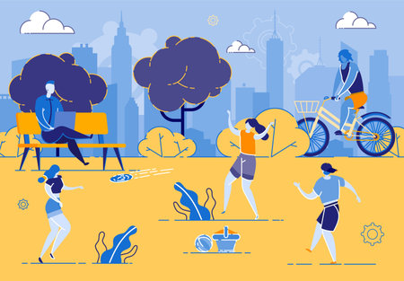 Hot Summer Day Group Happy People in City Park. Young Girl Plays Throwing Plate to her Friend. Man Sits on Bench Working Using Laptop. Guy Rides Bike Through Park Against Background Silhouette Cityのイラスト素材