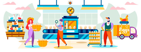 Poultry Factory. Chickens Laying Eggs on Conveyor Belt, Workers Collecting them to Package, Lorry Delivering Goods to Shop, Metaphor of Series Production Farm Line. Cartoon Flat Vector Illustration.のイラスト素材