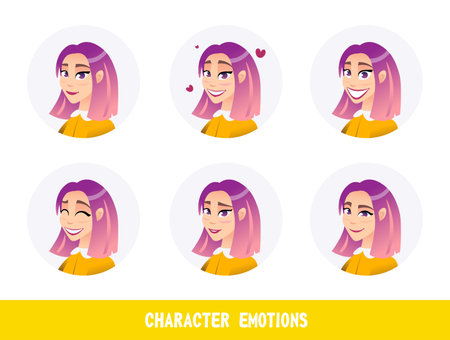 Banner Is Written Character Emotions Cartoon. Portrait Beautiful Girl Experiencing Positive Emotions: Joy, Laughter, Love. Positive Mindset. Vector Illustration on White Background.のイラスト素材