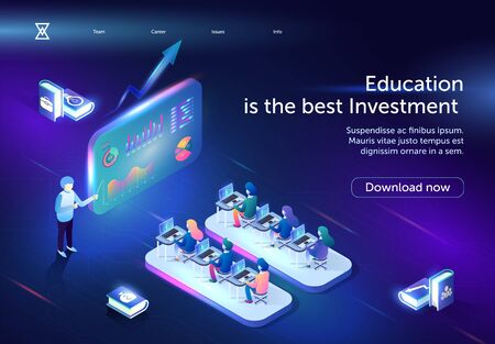 Education is the Best Investment Horizontal Banner. Young People, Students Sitting in Stylized Classroom with Laptops on Desks in Front of Huge Screen with Graphs. 3D isometric Vector Illustration.のイラスト素材