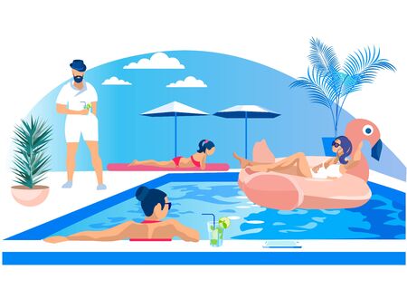 Young Men and Women Having Fun Outdoors in Open Air Swimming Pool Party. People Tanning, Floating in Rubber Ring, Walking, Talking, Drinking Cocktails. Modern Colorful Cartoon Flat Vector Illustrationのイラスト素材