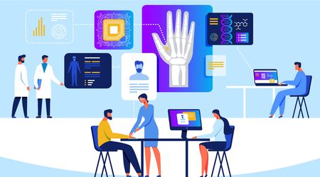 People Engineer and Scientist Working with Quantum Computer Chip Banner Vector Illustration.のイラスト素材