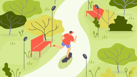 Vector Illustration Jogging in Park Cartoon Flat. Activity Guy in Sportswear is Jogging Among Trees.のイラスト素材