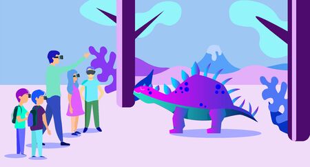 Group of School Kids in VR Glasses Watch Prehistoric Predator Stegosaurus Dinosaur at Virtual Augmented Reality Paleontology Museum, Excursion with Teacher.のイラスト素材