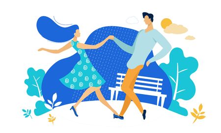 Young Couple Sparetime with Dancing Outdoors, People Active Lifestyle, Man and Woman in Loving or Friendly Relations Spend Time Together, Disco Dance Leisure or Hobby. Cartoon Flat Vector Illustrationのイラスト素材