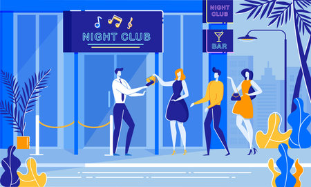 Party Night Security. Bouncer Cheking Woman Handbag with Metal Detector.のイラスト素材