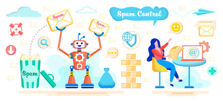 Spam Control Service with Artificial Intelligence, E-mail Safety and Protection App Flat Vector Concept.のイラスト素材