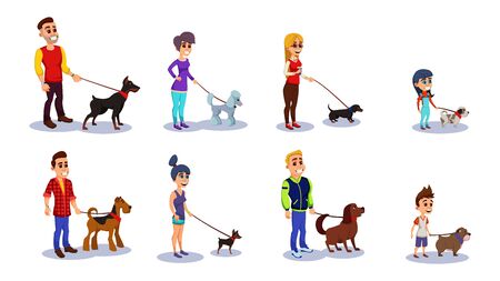 People with Dogs Isolated on white Background Flat Cartoon Vector Illustration. Set of Men, Women and Kids Holding Domestic Animals. Different Pet Breeds such as Bulldog, Poodle on Leash.のイラスト素材