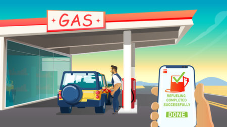 Man, Cartoon Character Refueling Car on Gas Station and Smartphone Screen with Software Interface...