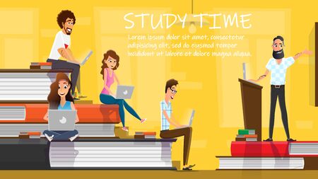 Study Time Concept Flat Cartoon Banner Vector Illustration. Students on Book Piles. Happy Young People Enjoy Reading, Devoted to Study, Sitting on Giant Books. Science, Education. Working on Laptop.のイラスト素材