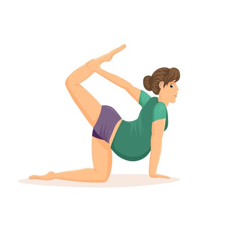 Prenatal Pilates Class, Lesson Color Illustration. Woman Stretching Leg Doing Yoga Pose. Future Mother Flat Character Doing Difficult Exercises. Cartoon Strong Pregnant Lady Training in Gymのイラスト素材