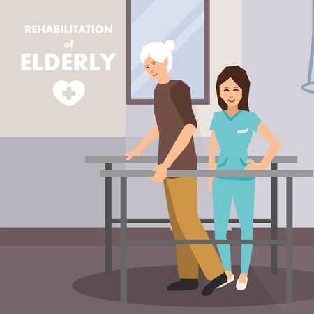Rehabilitation for Elderly on Parallel Bars Advert. Flat Cartoon Poster. Old Disabled Man and Physiotherapist. Personal Assistant Help Invalid Male to Rehab. Vector Cripple Male on Walker Illustrationのイラスト素材