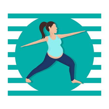 Pregnancy Workout Cartoon Vector Illustration. Pregnant Woman Healthy Leisure Activity. Barefooted Lady Doing Yoga Pose. Standing Balancing Warrior Position. Pregnancy Fitness Trainingのイラスト素材