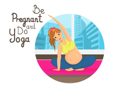 Pregnant Woman Healthy Activities Illustration. Yoga, Pilates, Fitness Training, Workout. Girl Flat Vector Character Sitting on Pink Yoga Mat. Cartoon Young Lady Practising at Homeのイラスト素材