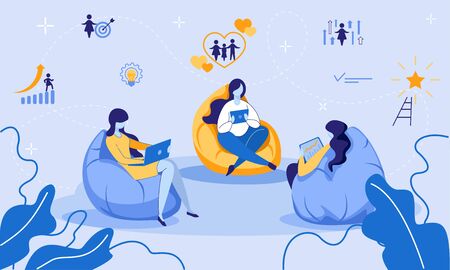 Women Group Sitting on Soft Bag Chairs Using Laptops and Tablets for Watching Online Video Tutorials. Remote Education, E-Learning, Distant Training Courses for Girls. Cartoon Flat Vector Illustrationのイラスト素材