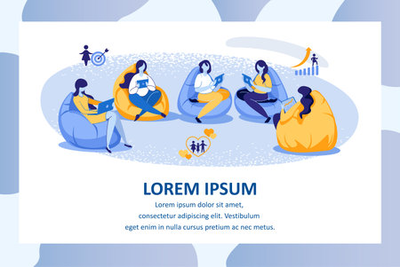 Education or Courses for Women. Group of Girls Sitting in Circle on Bag Chairs with Gadgets in Hands Learning, Studying and Friendly Communicating. Cartoon Flat Vector Illustration, Horizontal Bannerのイラスト素材