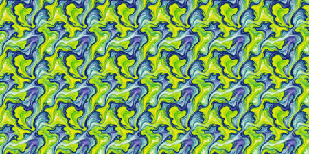 Seamless pattern with abstract swirls in blue, yellow and green colors