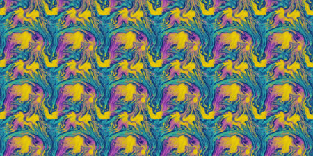 Seamless pattern of abstract spots in blue, yellow and purple colors
