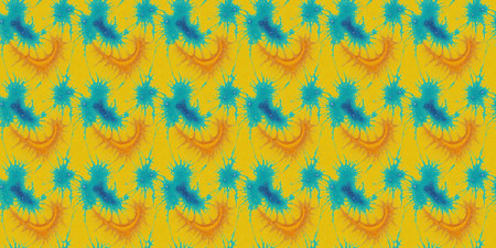 Seamless pattern with blue and yellow abstract shapes on yellow background.