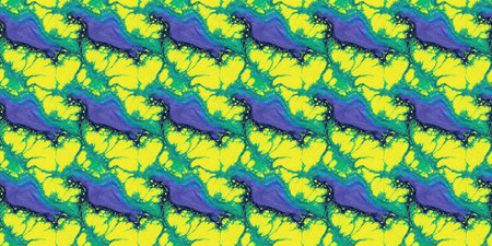 Seamless pattern with abstract blue, green and yellow leaves.